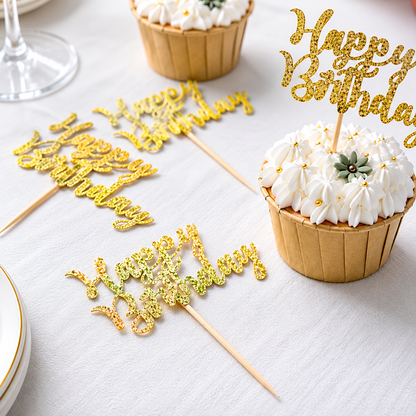 Home Collection 24-Pack Gold Glitter Happy Birthday Cupcake Toppers