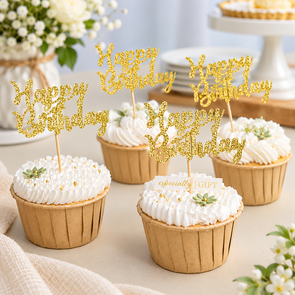 Home Collection 24-Pack Gold Glitter Happy Birthday Cupcake Toppers