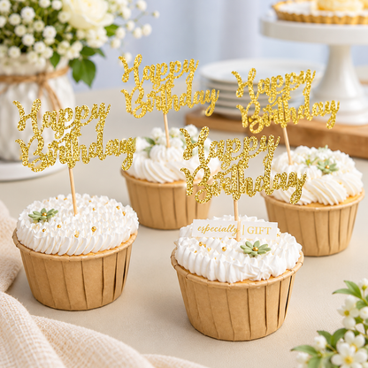 Home Collection 24-Pack Gold Glitter Happy Birthday Cupcake Toppers