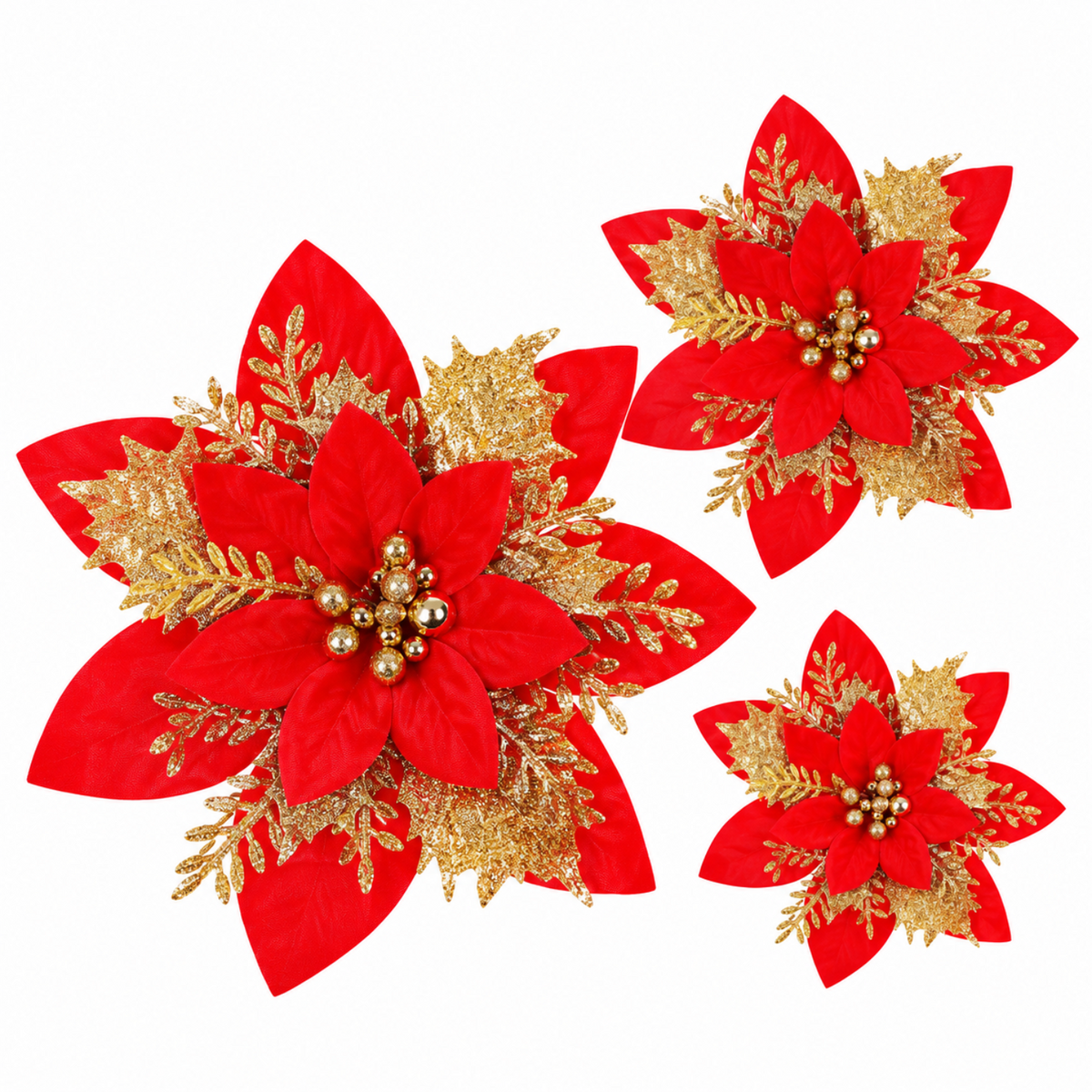 Home Collection Pack of 24 Glitter Christmas Poinsettia Flowers Clip-On Tree Ornaments