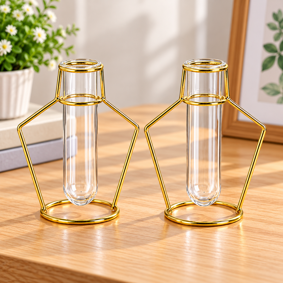 Home Collection 2 Piece Gold Geometric Flower Vase Holders