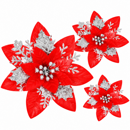 Home Collection Pack of 24 Glitter Christmas Poinsettia Flowers Clip-On Tree Ornaments