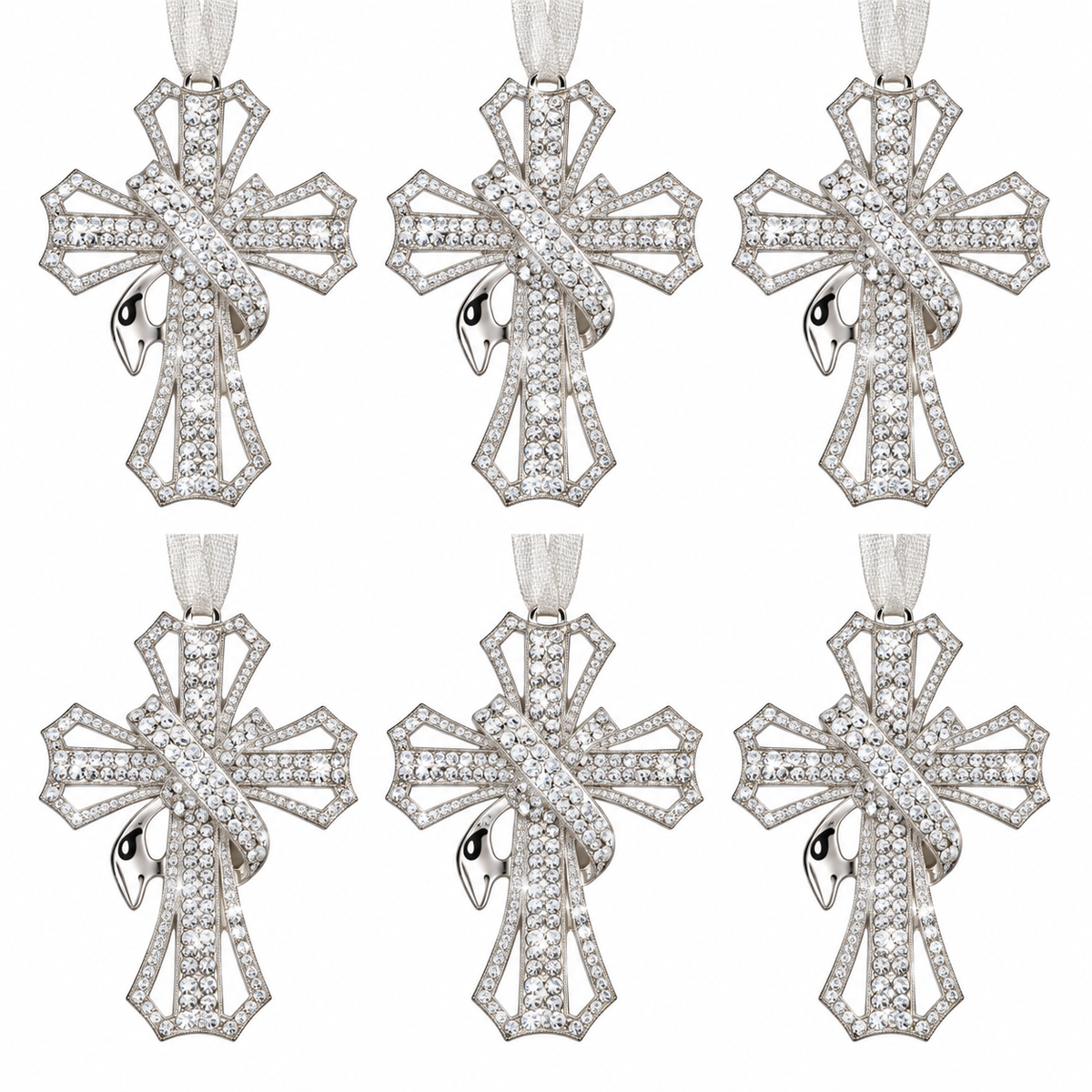 Home Collection Pack of 6 Metal Rhinestone Christmas Bow Ornaments, Sparkling Crystal Tree Decorations
