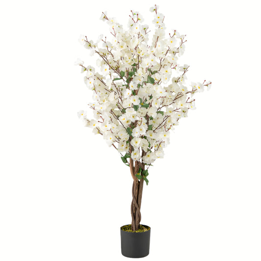 White Faux Plum Blossom Tree with Solid Wood Trunk
