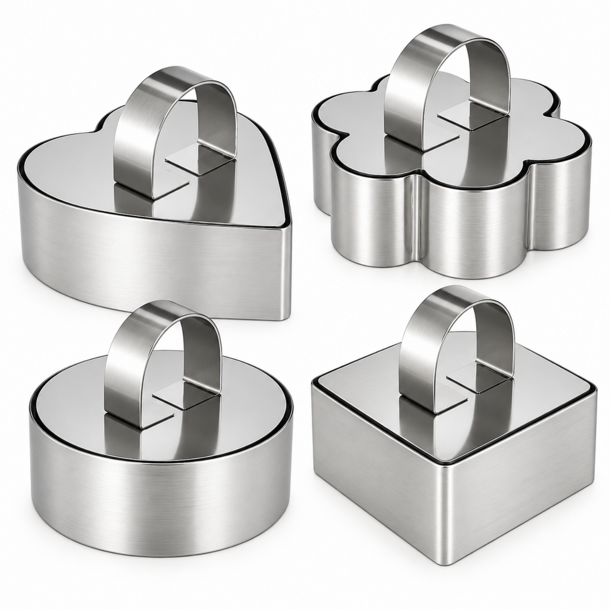 Home Collection Pack of 4 Stainless Steel Mousse Ring Mold Set with Pusher Tool