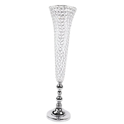 Set of 2 Silver Metal 40" Trumpet Vases with Acrylic Crystal Beads