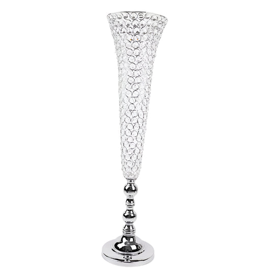 Set of 2 Silver Metal 40" Trumpet Vases with Acrylic Crystal Beads