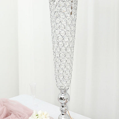 Set of 2 Silver Metal 40" Trumpet Vases with Acrylic Crystal Beads