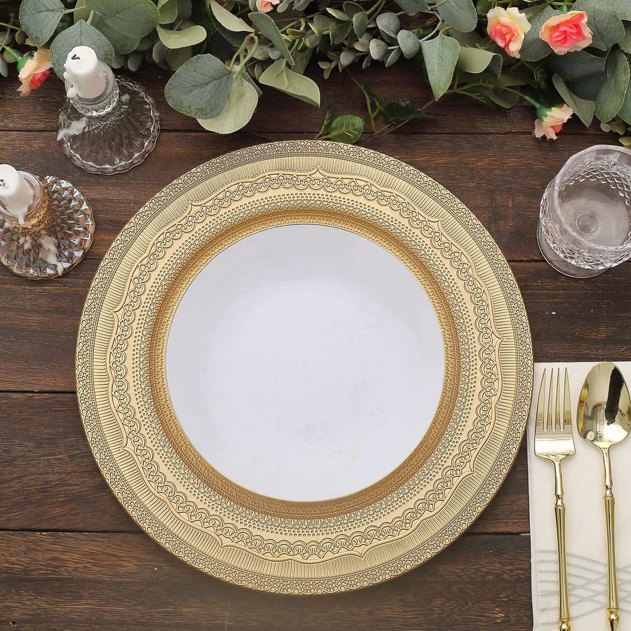 Home Collection 6-Pack 13" Round Acrylic Charger Plates – Lace Embossed Rim Decorative Chargers