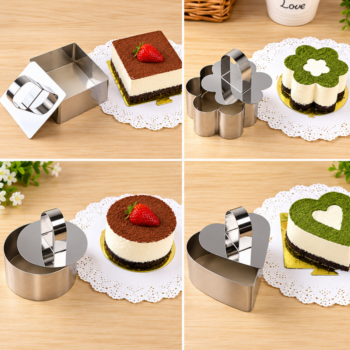 Home Collection Pack of 4 Stainless Steel Mousse Ring Mold Set with Pusher Tool