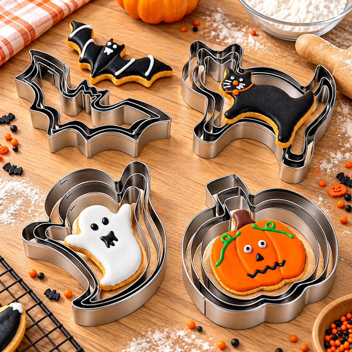 Home Collection Pack of 12 Halloween Cookie Cutter Set Stainless Steel Pumpkin Ghost Bat and Cat Shapes