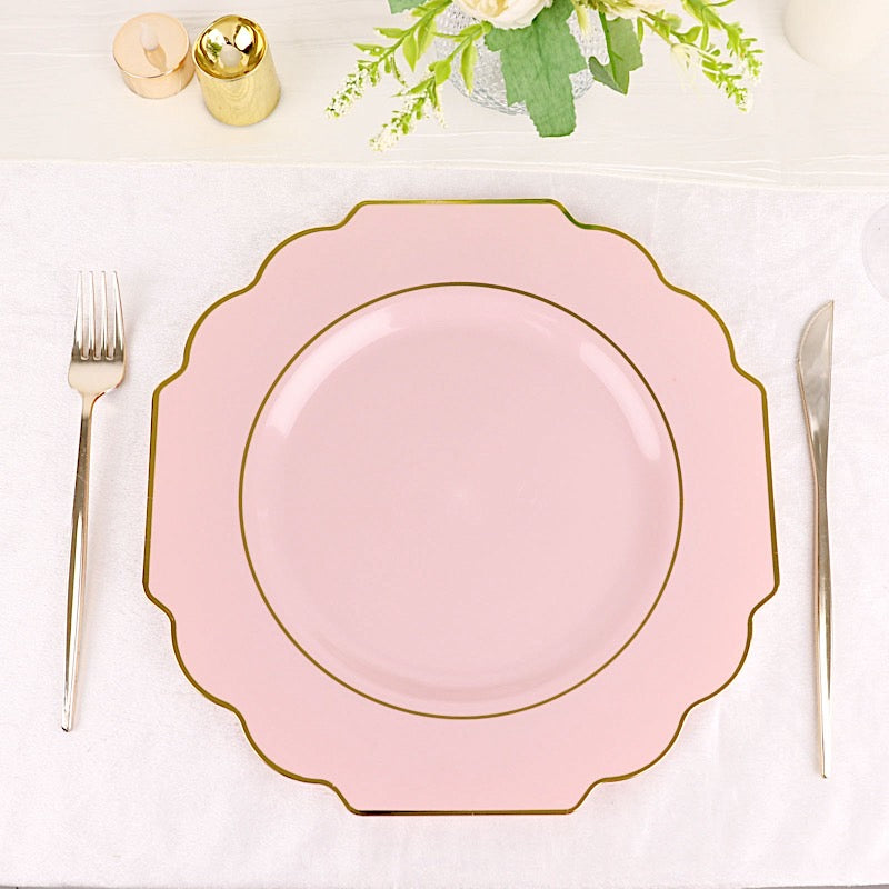 Home Collection 10 Pack 12" Disposable Baroque Plastic Dinner Plates with Gold Rim