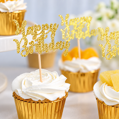 Home Collection 24-Pack Gold Glitter Happy Birthday Cupcake Toppers
