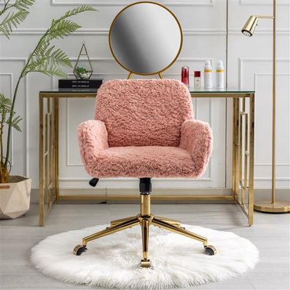 Pink Faux Rabbit Fur Office Chair with Gold Base