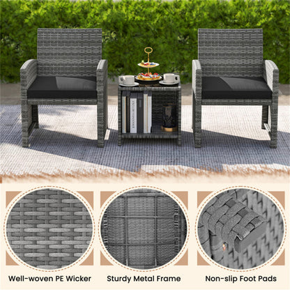 Black 3-Piece Patio Furniture Set with Tempered Glass Coffee Table