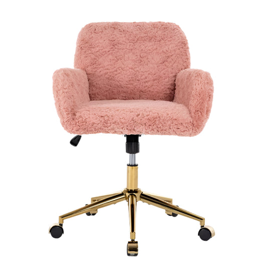 Pink Faux Rabbit Fur Office Chair with Gold Base