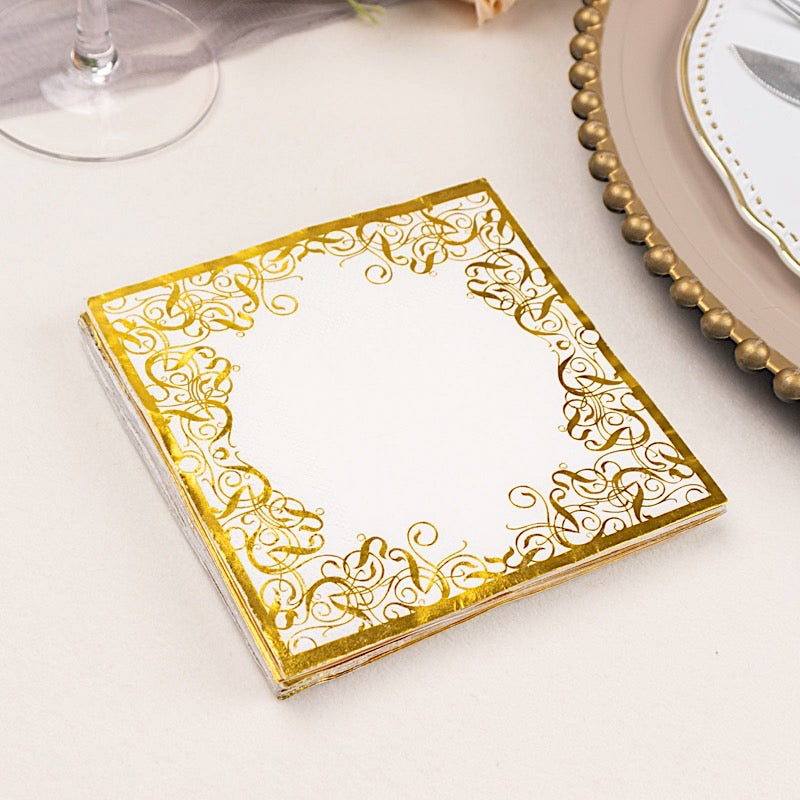 20 Soft 3-Ply White and Gold Dinner Napkins