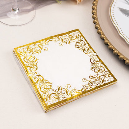 20 Soft 3-Ply White and Gold Dinner Napkins