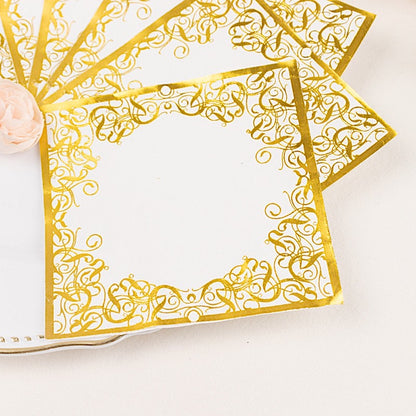 20 Soft 3-Ply White and Gold Dinner Napkins