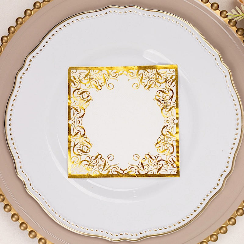 20 Soft 3-Ply White and Gold Dinner Napkins