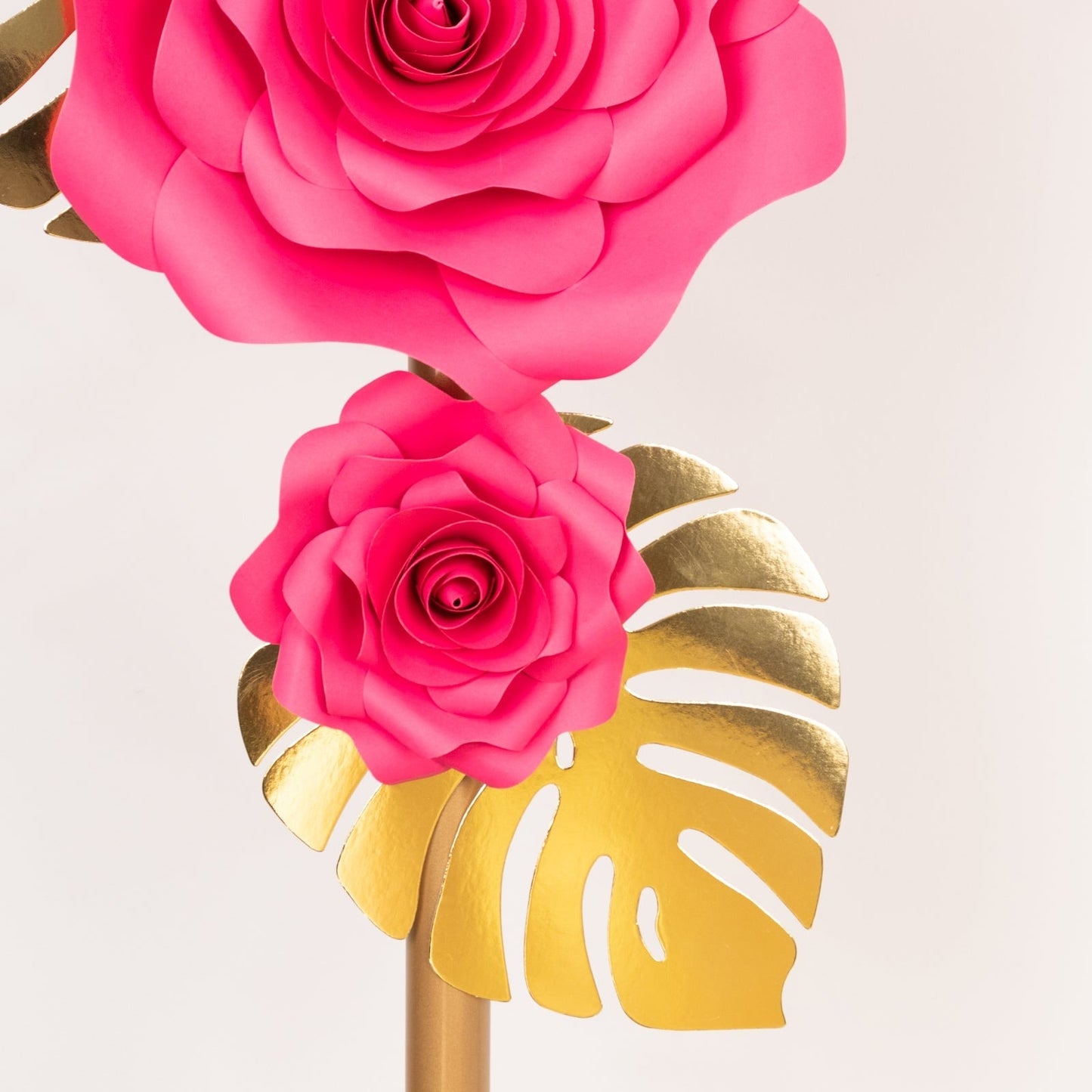 Pack of 9 3D Rose Paper Flowers with Gold Monstera Leaves