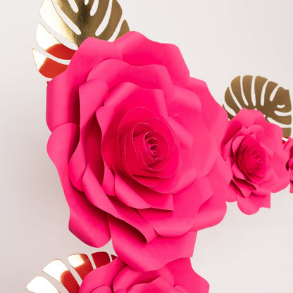 Pack of 9 3D Rose Paper Flowers with Gold Monstera Leaves