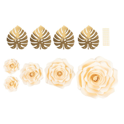 Pack of 9 3D Rose Paper Flowers with Gold Monstera Leaves
