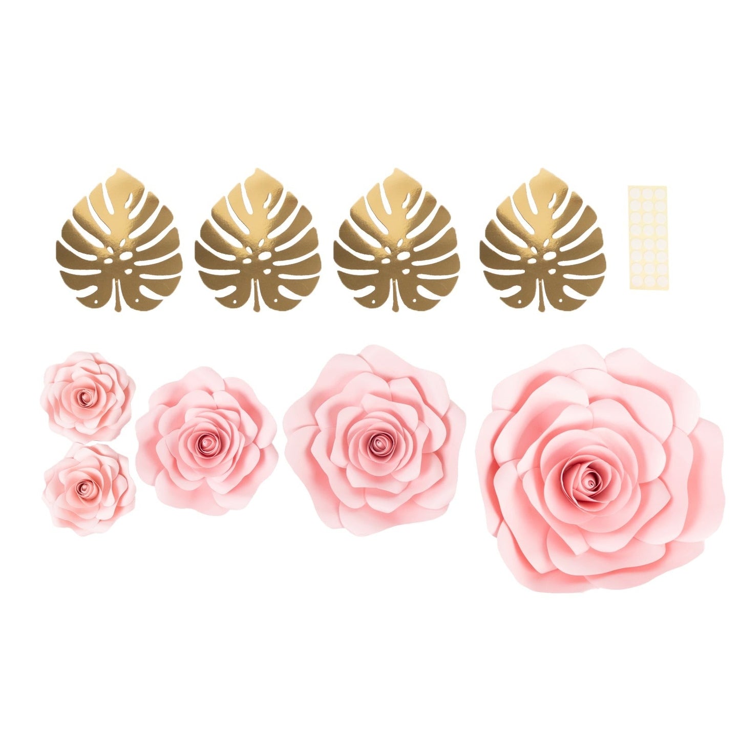 Pack of 9 3D Rose Paper Flowers with Gold Monstera Leaves