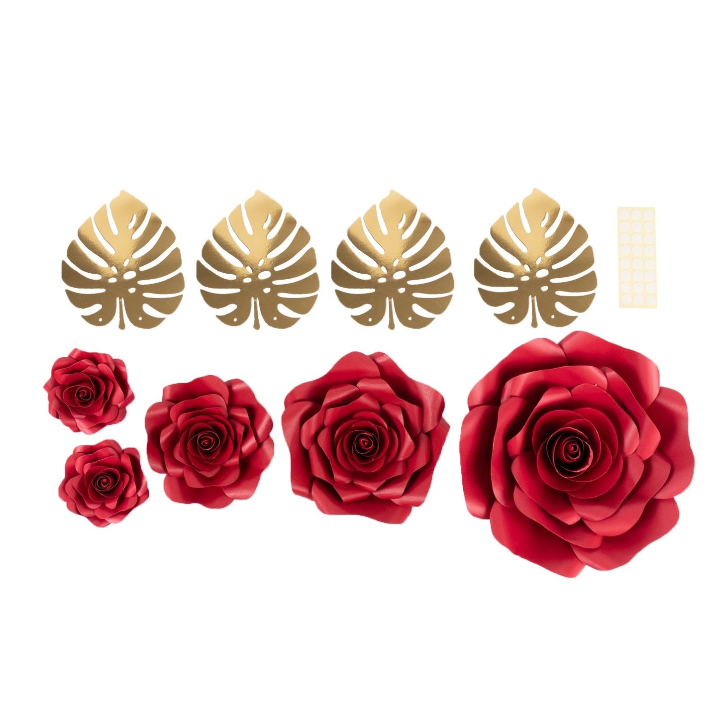 Pack of 9 3D Rose Paper Flowers with Gold Monstera Leaves