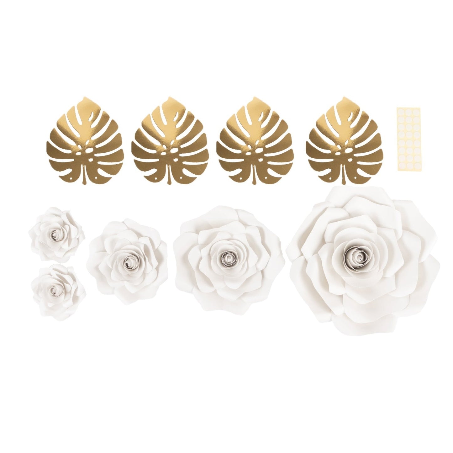 Pack of 9 3D Rose Paper Flowers with Gold Monstera Leaves