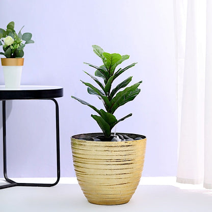 2 pcs 12" Gold Metallic Plastic Flower Pots with Horizontal Lines