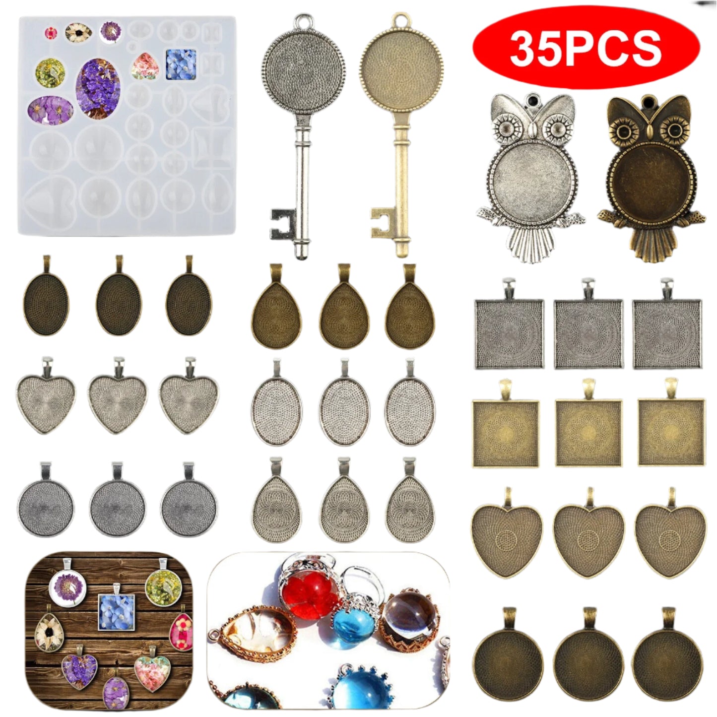 35PCS Resin Casting Mold & Pendant Tray Kit