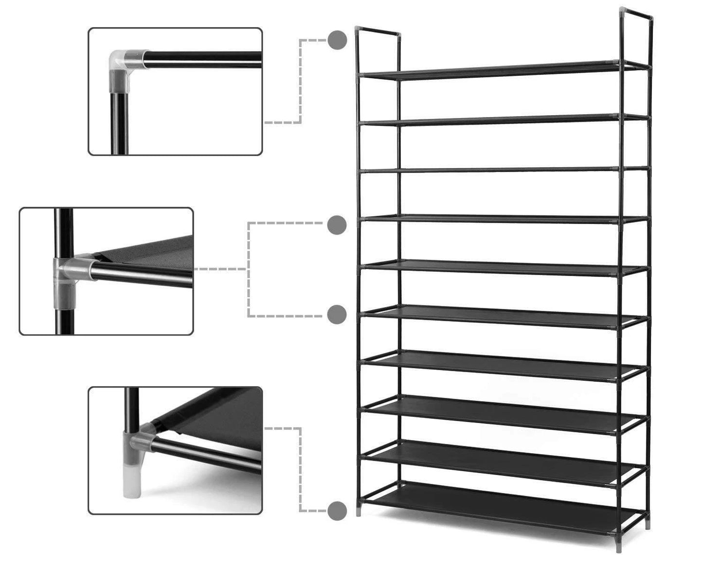 Home Collection 10 Tier Shoe Rack Organizer 50 Pair Storage Space Saving Shelves Black