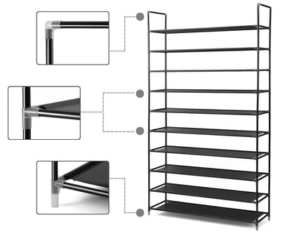 Home Collection 10 Tier Shoe Rack Organizer 50 Pair Storage Space Saving Shelves Black