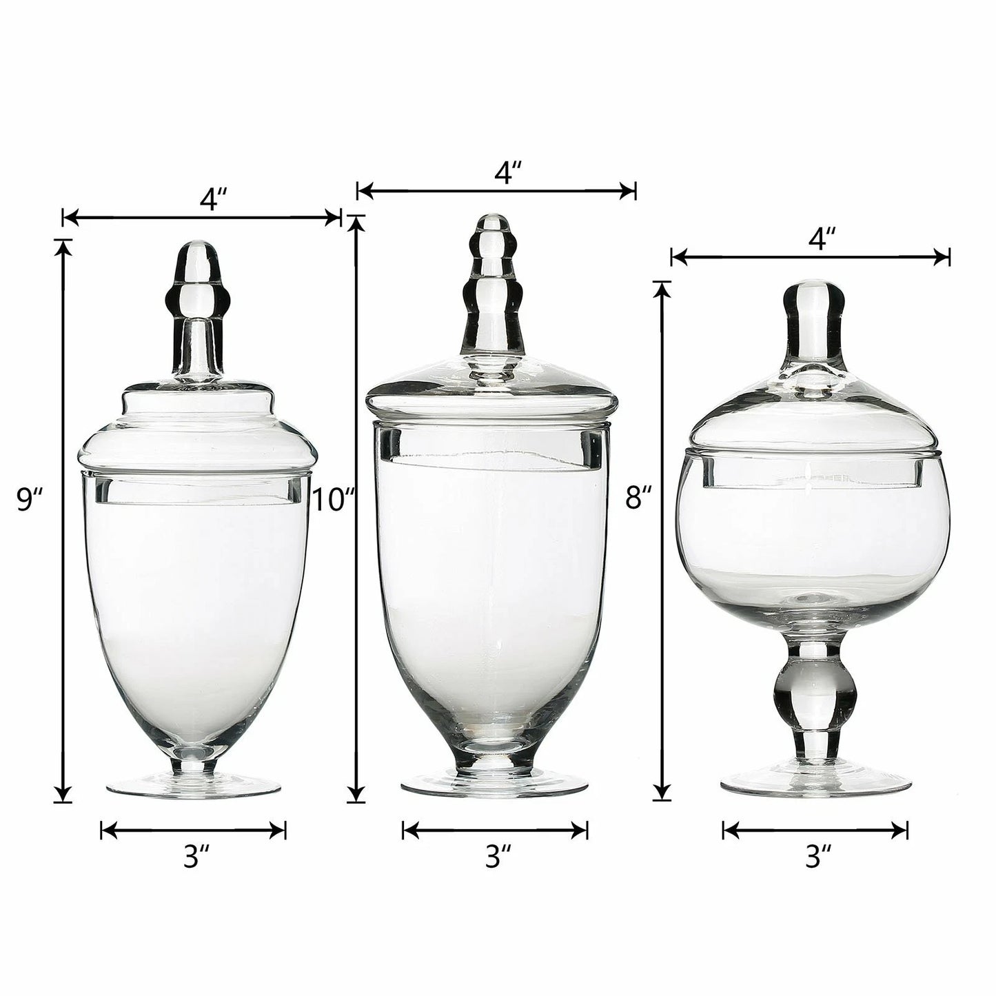 Home Collection 3-Piece Clear Glass Apothecary Jars Set – 9", 10", 11"