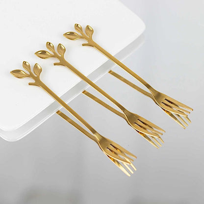 4 Gold Metal Dessert Forks with Leaf Handles in Gift Box
