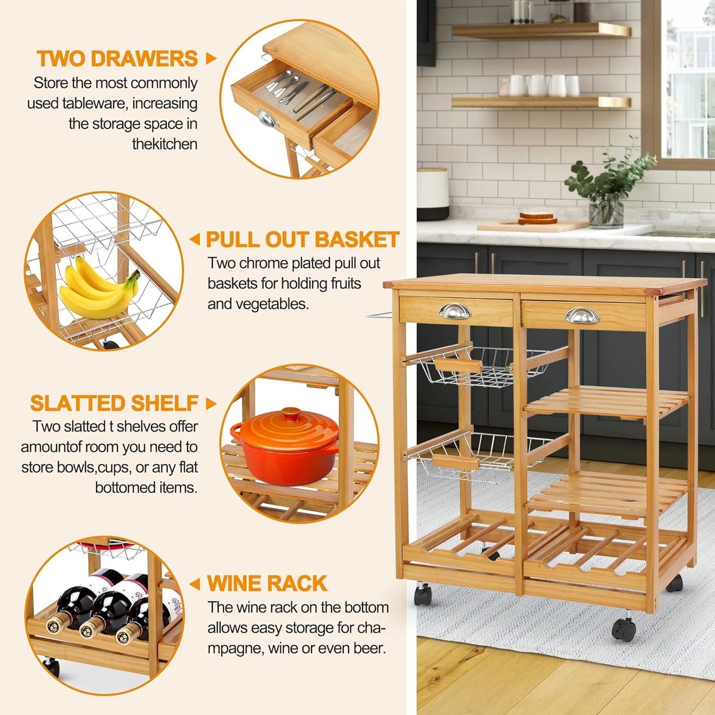 Home Collection Rolling Wood Kitchen Island Cart with Storage Shelf & Drawer