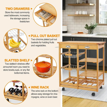Home Collection Rolling Wood Kitchen Island Cart with Storage Shelf & Drawer