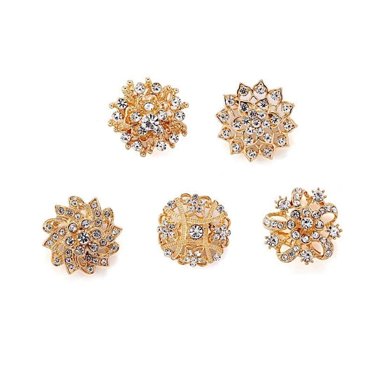 Home Collection 5-Piece Gold Metal Floral Brooch Pins – Rhinestone Wedding & Event Decorations