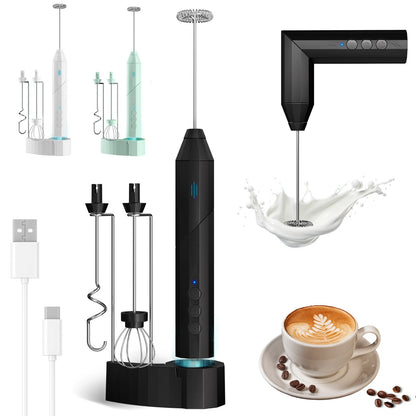 Electric Milk Frother – Rechargeable Handheld Foam Maker with 3 Whisks