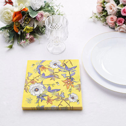 Home Collection 20 Yellow Floral Cocktail Paper Napkins – 13" x 13" Party Table Decorations