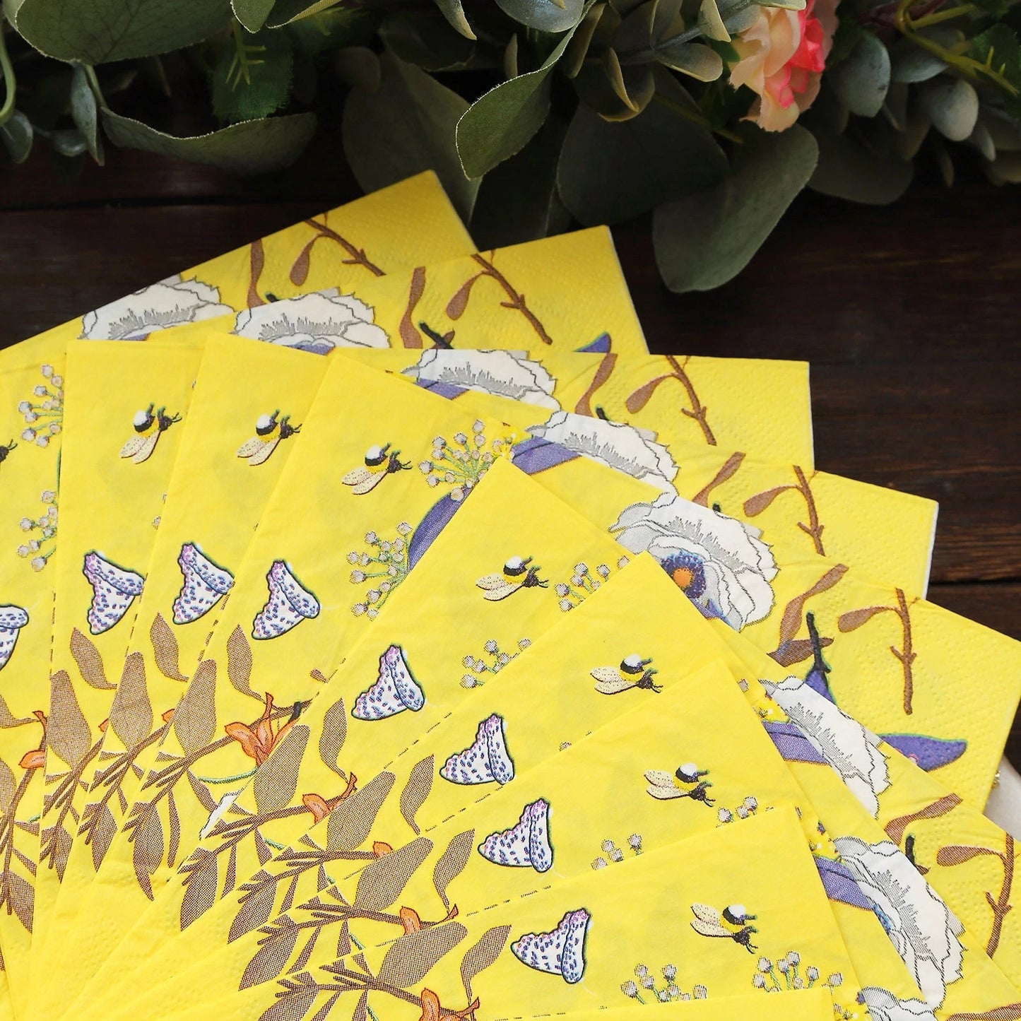 Home Collection 20 Yellow Floral Cocktail Paper Napkins – 13" x 13" Party Table Decorations