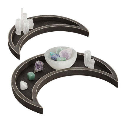 2-Piece Rustic Wood Crescent Moon Crystal Display Trays