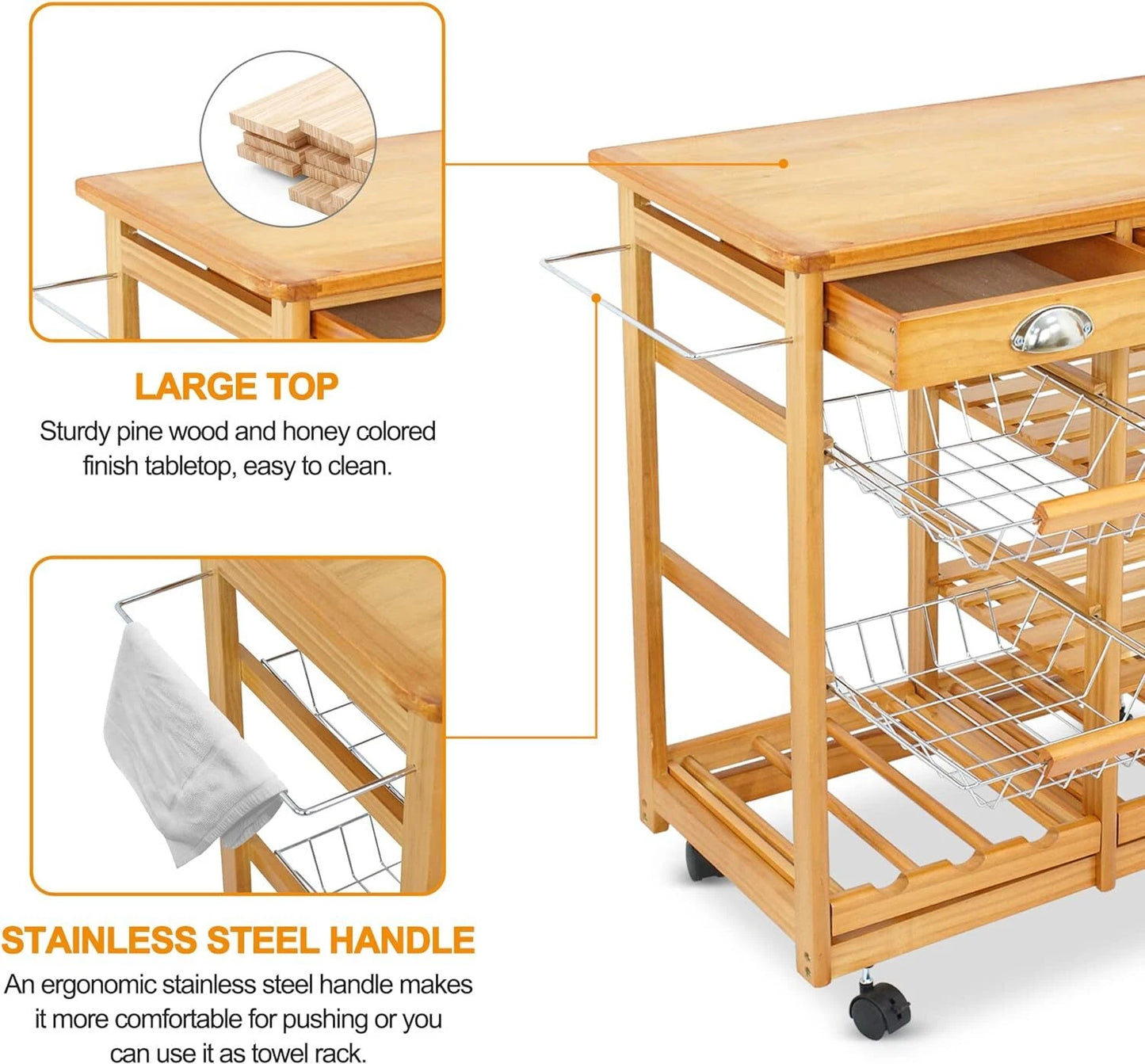Home Collection Rolling Wood Kitchen Island Cart with Storage Shelf & Drawer