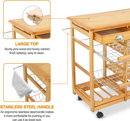 Home Collection Rolling Wood Kitchen Island Cart with Storage Shelf & Drawer