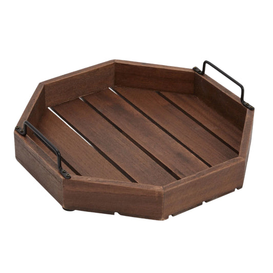 Rustic Octagonal Wood Serving Tray with Metal Handles