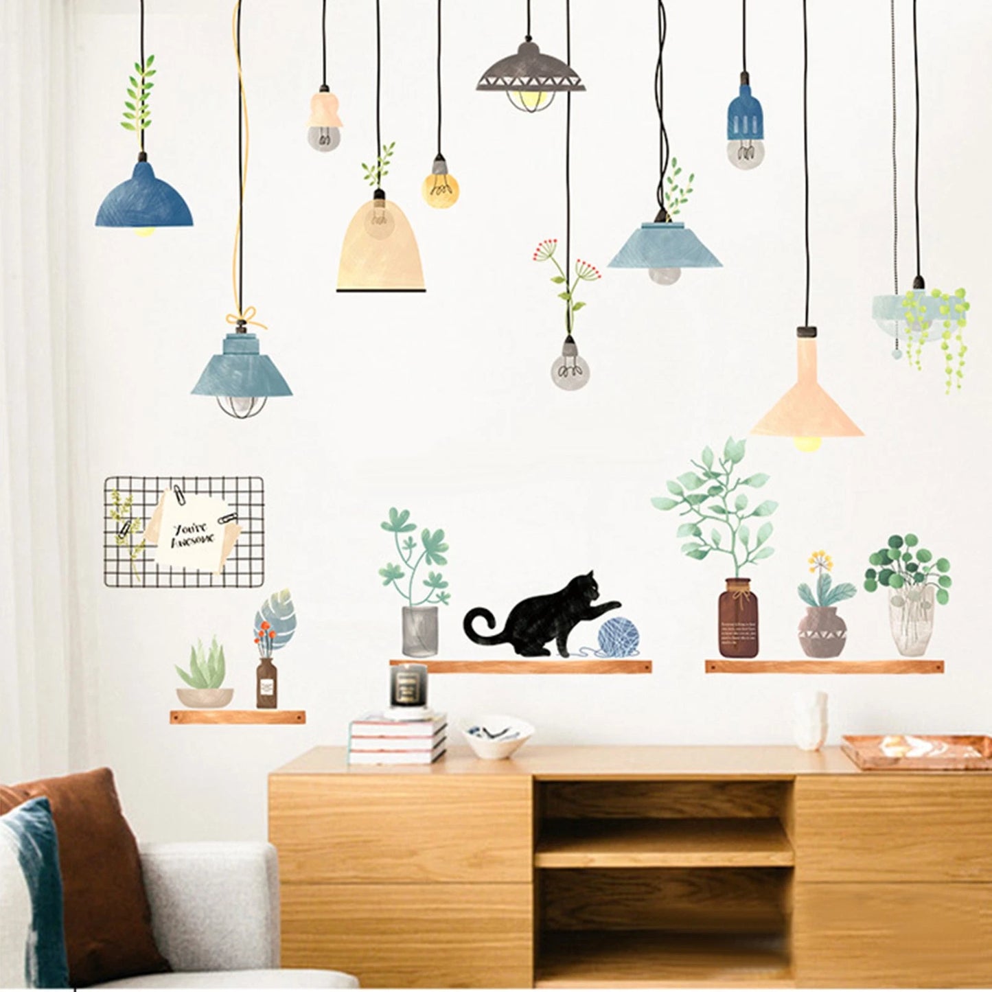 Home Collection Potted Plants Wall Stickers with Shelves & Lamps