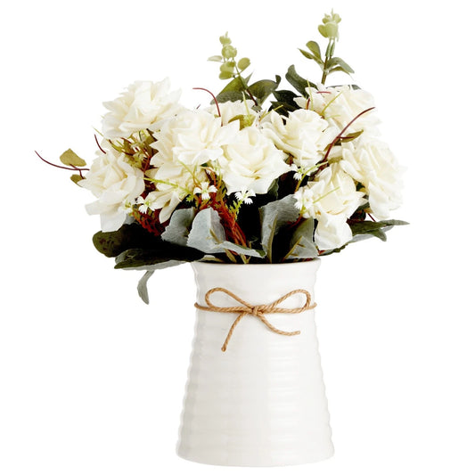 Artificial White Rose Arrangement with Ceramic Vase