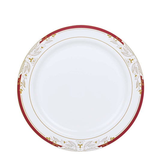 Home Collection 10" White Round Salad Plates with Red Gold Trim