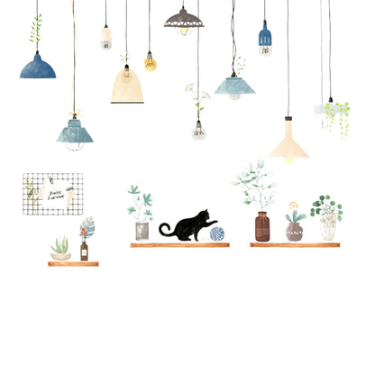 Green Potted Plants Shelves and Lamps Wall Stickers